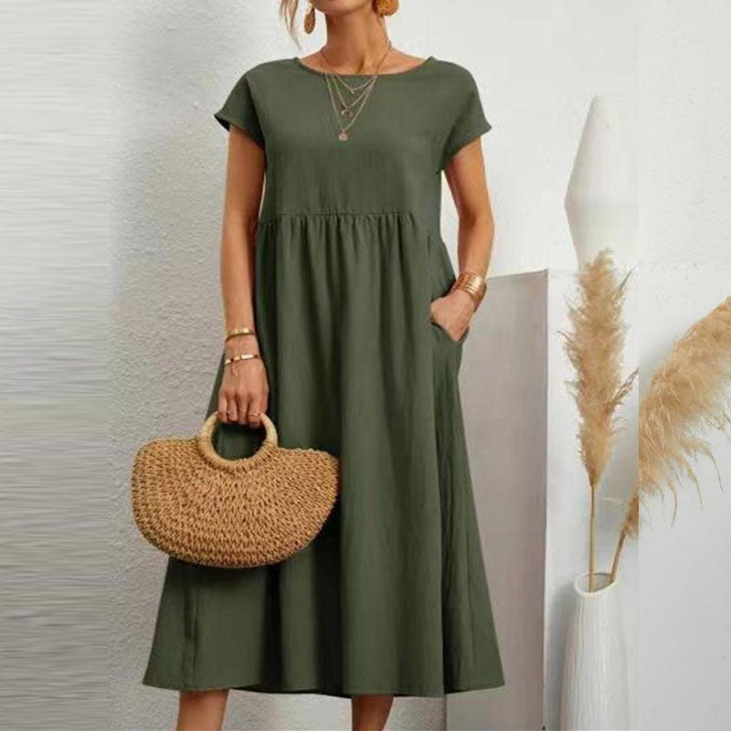 Gluschwein - Einfarbiges, ärmelloses Kleid aus Baumwollleinen mit losen Taschen ARMEEGRÜN