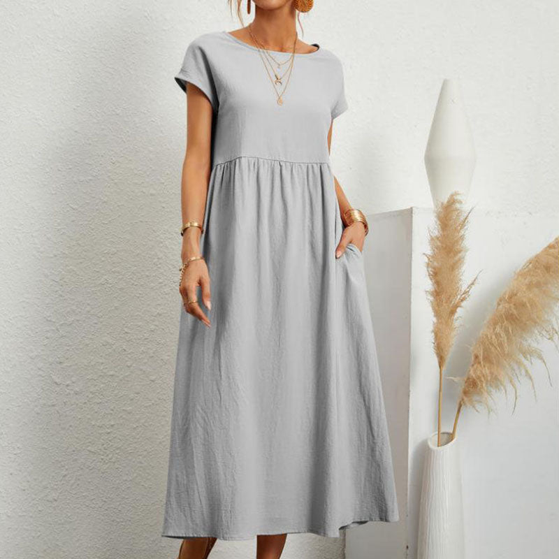 Gluschwein - Einfarbiges, ärmelloses Kleid aus Baumwollleinen mit losen Taschen SILBER GRAU