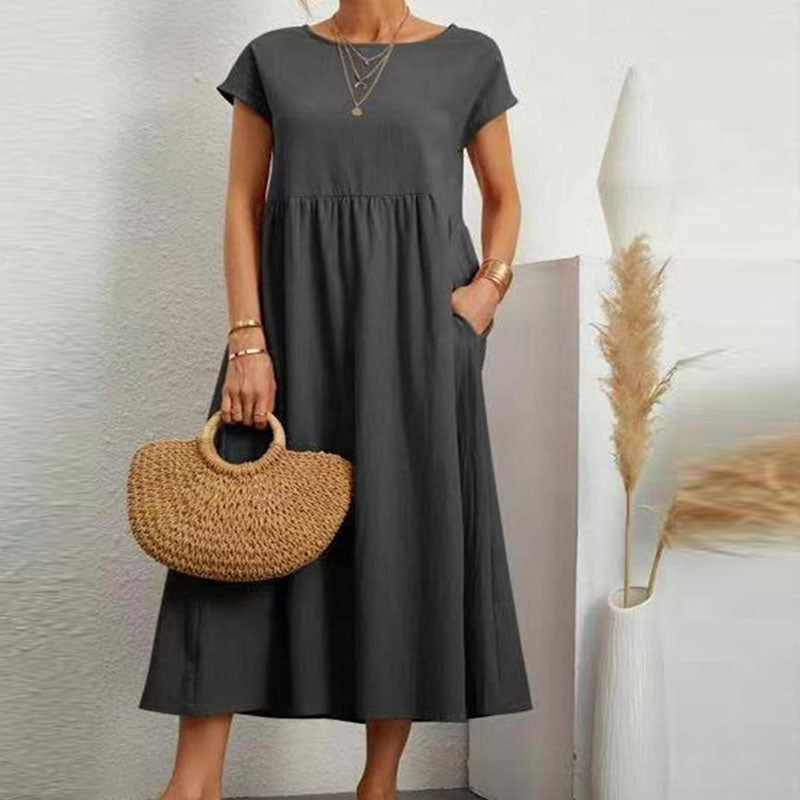 Gluschwein - Einfarbiges, ärmelloses Kleid aus Baumwollleinen mit losen Taschen DUNKELGRAU