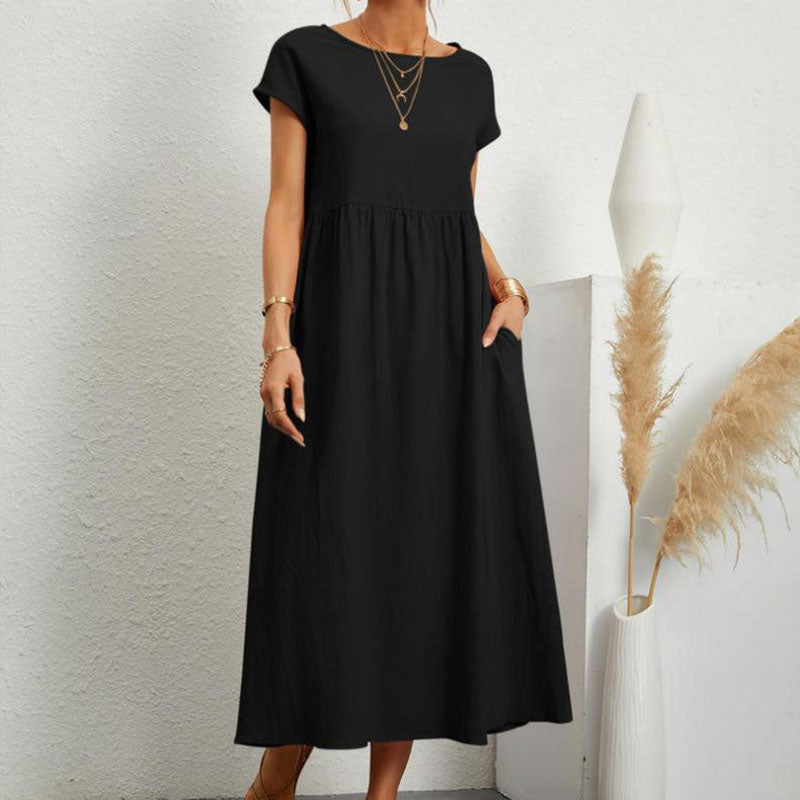 Gluschwein - Einfarbiges, ärmelloses Kleid aus Baumwollleinen mit losen Taschen SCHWARZ