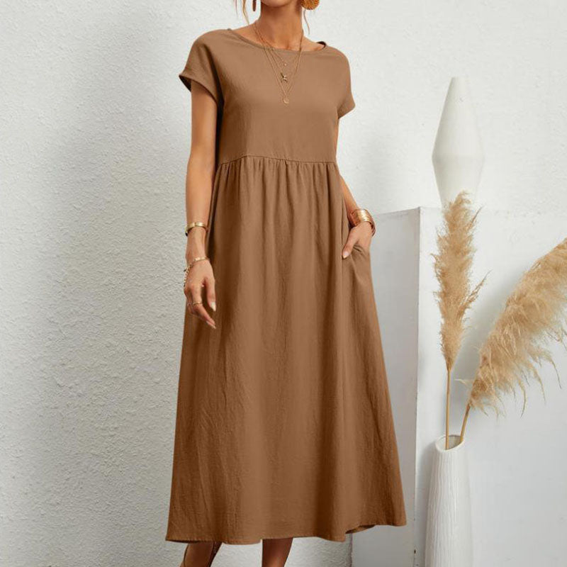 Gluschwein - Einfarbiges, ärmelloses Kleid aus Baumwollleinen mit losen Taschen BRAUN