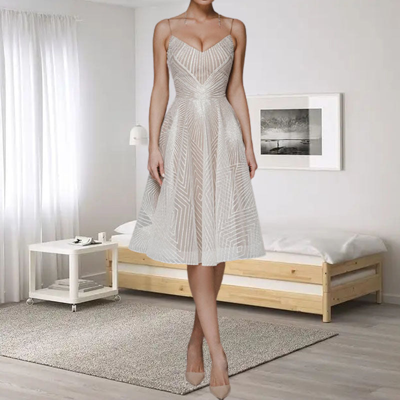 Gluschwein - Stylish V-neck strap A-line dress Beige