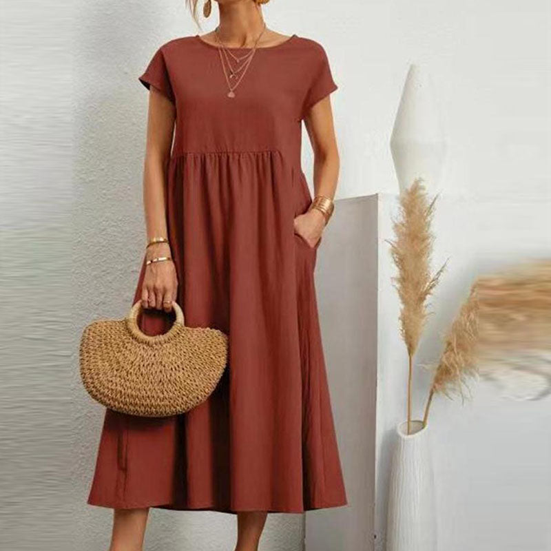 Gluschwein - Einfarbiges, ärmelloses Kleid aus Baumwollleinen mit losen Taschen ORANGE