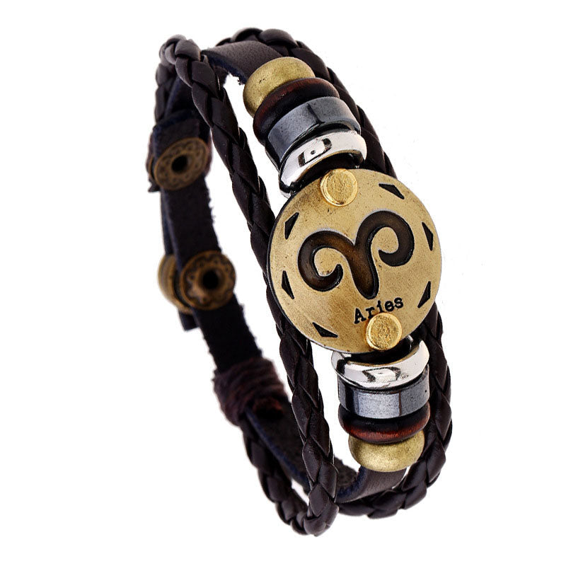 Gluschwein - Handgefertigtes Armband aus Rindsleder mit 12 Sternbildern WIDDER