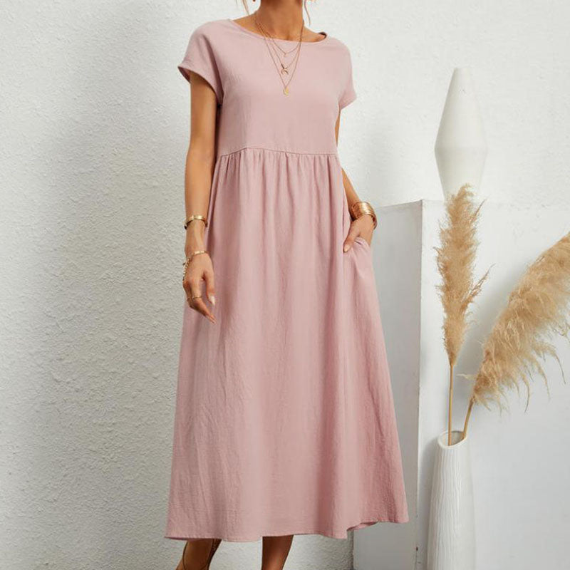 Gluschwein - Einfarbiges, ärmelloses Kleid aus Baumwollleinen mit losen Taschen ROSA