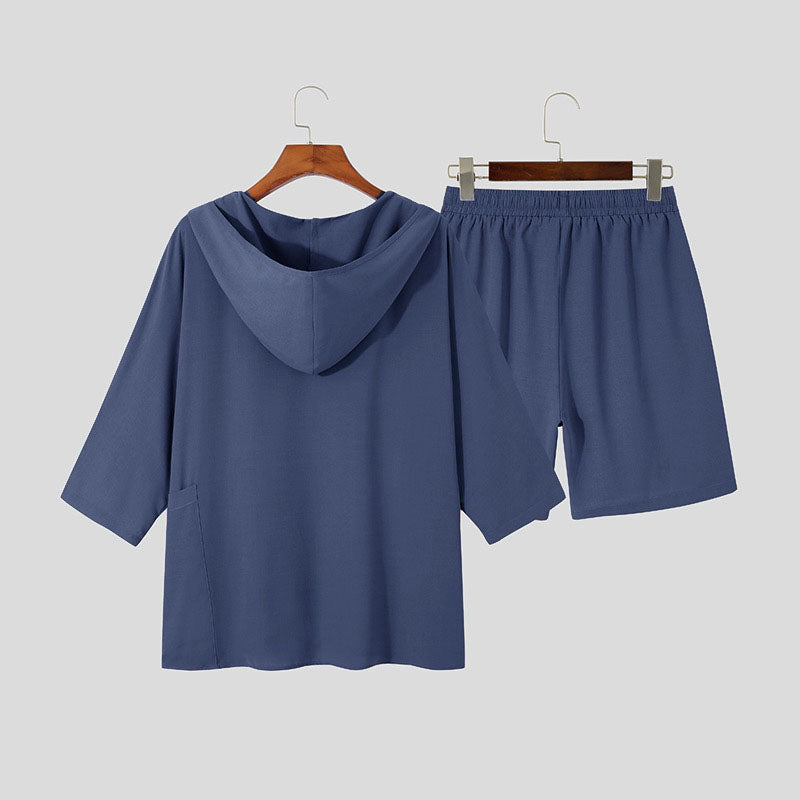 Gluschwein - Lässiges Set aus Baumwollleinen mit Kapuze und Oberteil Blau