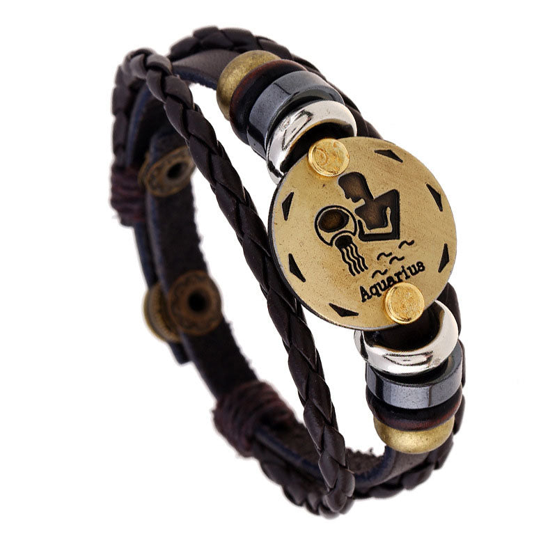 Gluschwein - Handgefertigtes Armband aus Rindsleder mit 12 Sternbildern WASSERMANN