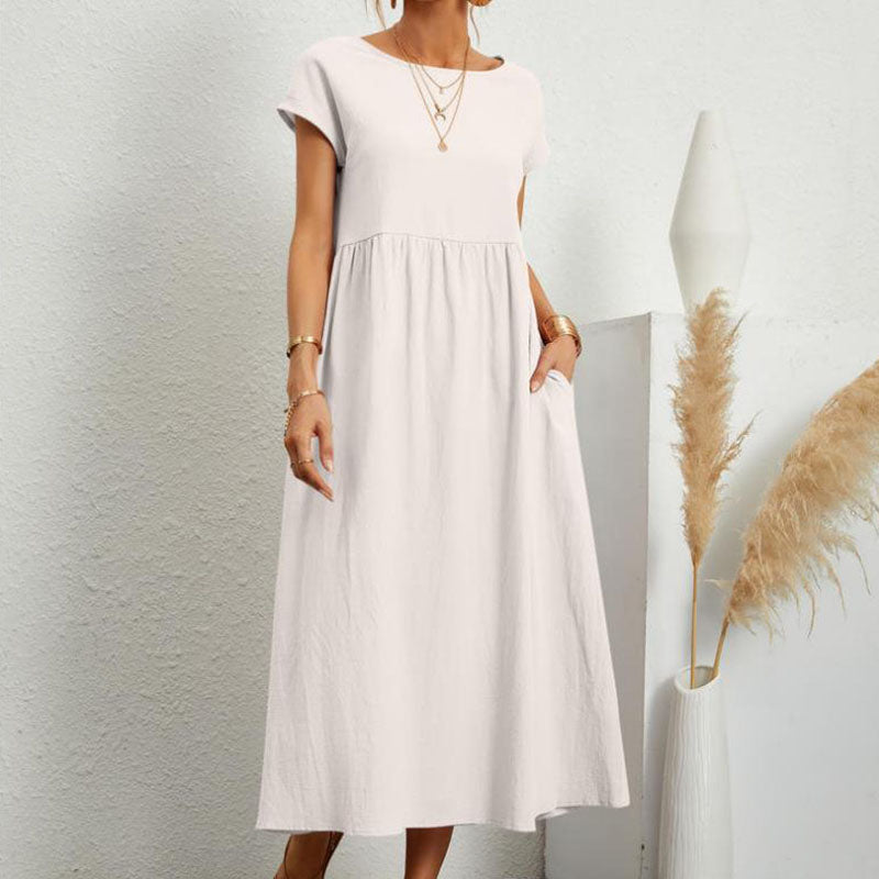 Gluschwein - Einfarbiges, ärmelloses Kleid aus Baumwollleinen mit losen Taschen WEISS