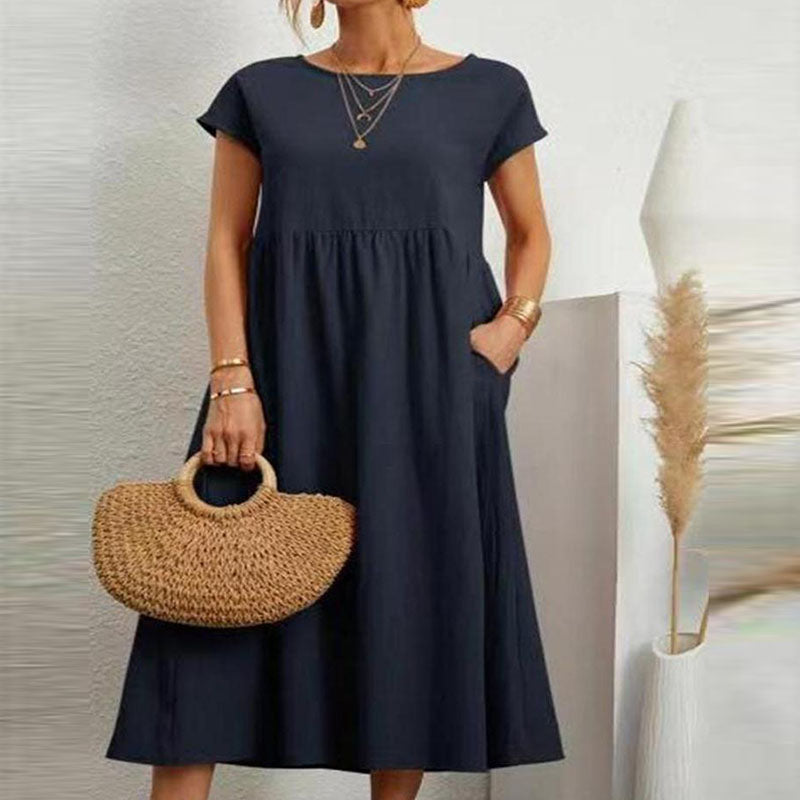 Gluschwein - Einfarbiges, ärmelloses Kleid aus Baumwollleinen mit losen Taschen NAVY BLAU
