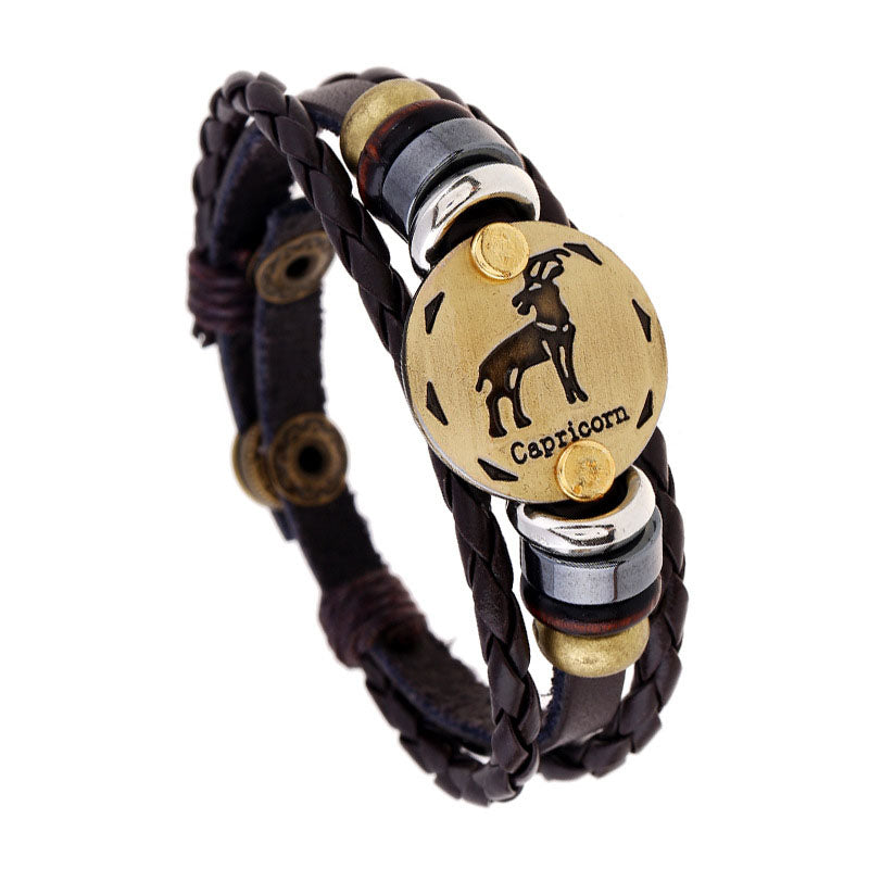Gluschwein - Handgefertigtes Armband aus Rindsleder mit 12 Sternbildern STEINBOCK