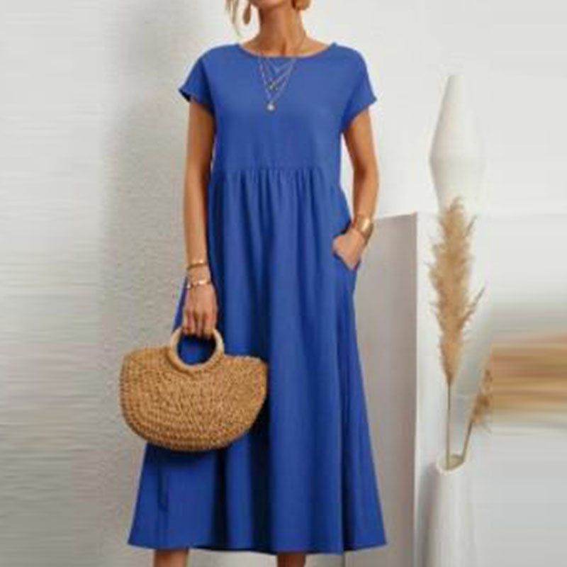 Gluschwein - Einfarbiges, ärmelloses Kleid aus Baumwollleinen mit losen Taschen BLAU