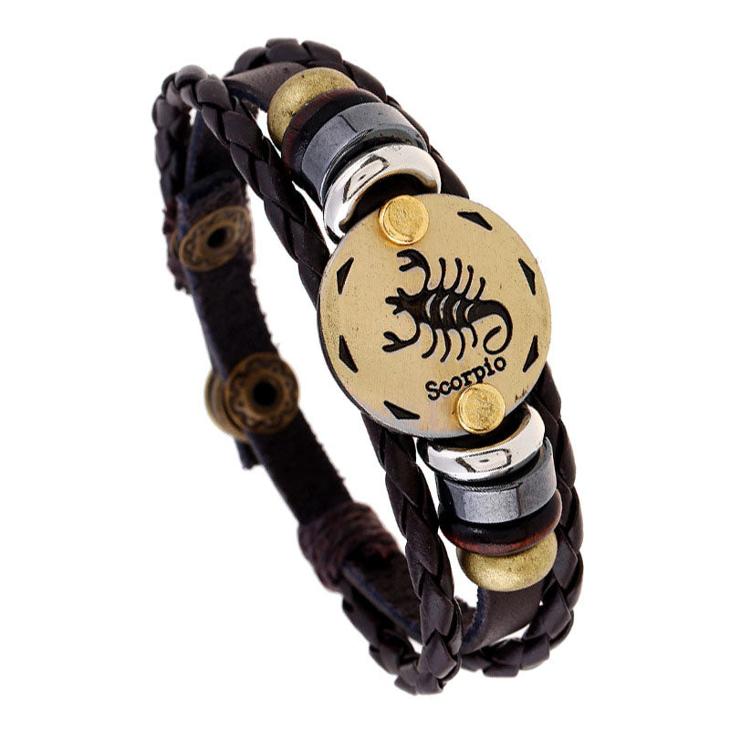 Gluschwein - Handgefertigtes Armband aus Rindsleder mit 12 Sternbildern SKORPION