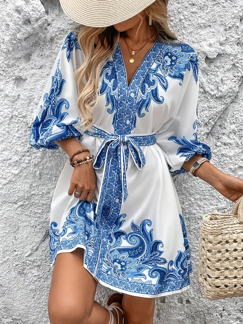 Gwenda – Vestido corte A con escote en V y estampado paisley