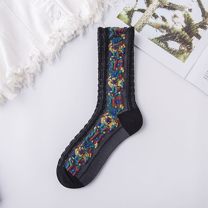 Gluschwein - Vintage Socken mit Blumenstickerei (5 Paar) 5 Paar(schwarz)