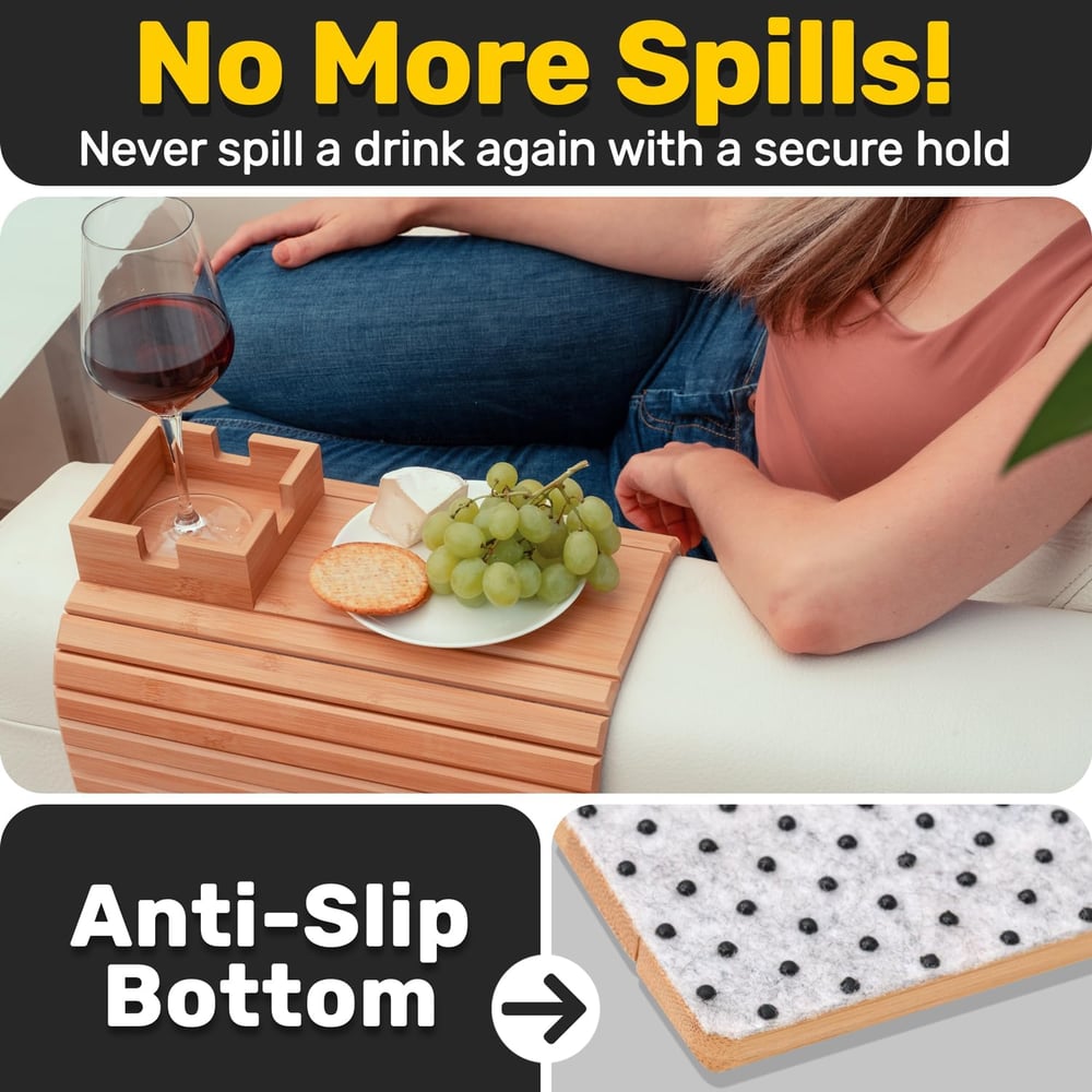 BambooEase | Bambus Armlehnen Tablett Umweltfreundlicher Becher- und Snackhalter für das Sofa