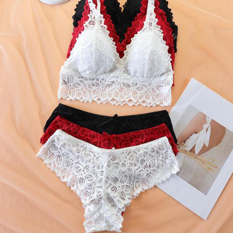 Gluschwein - Kabelloser BH aus kontrastierender Spitze und Panty mit Schleifenverzierung für Frauen