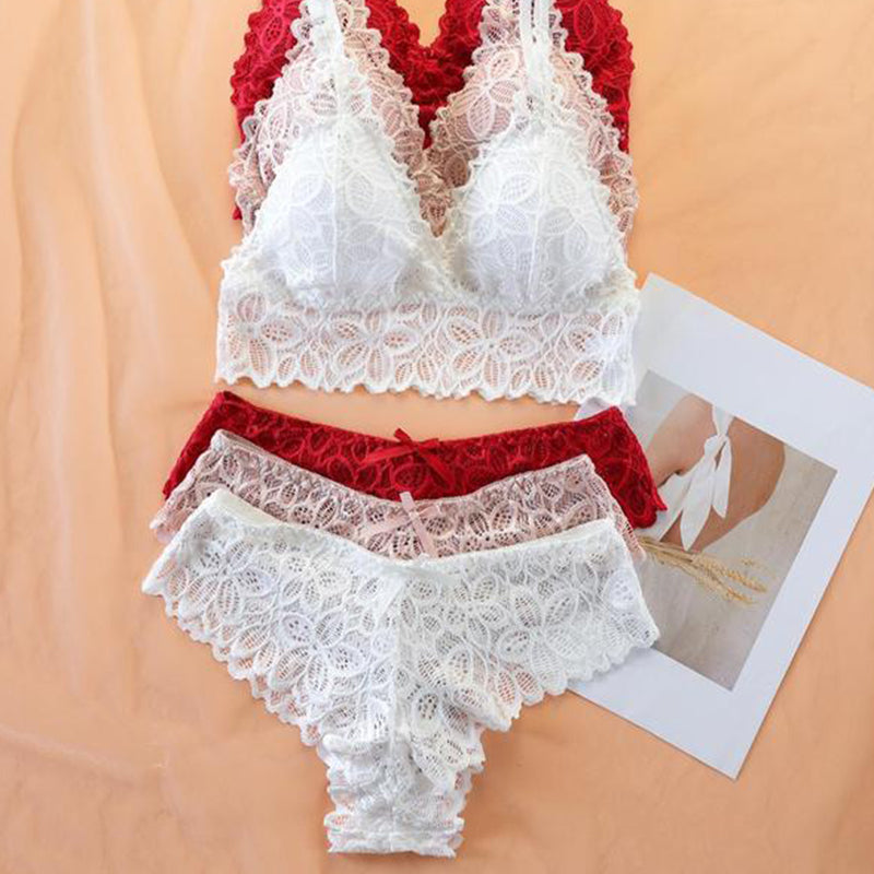 Gluschwein - Kabelloser BH aus kontrastierender Spitze und Panty mit Schleifenverzierung für Frauen