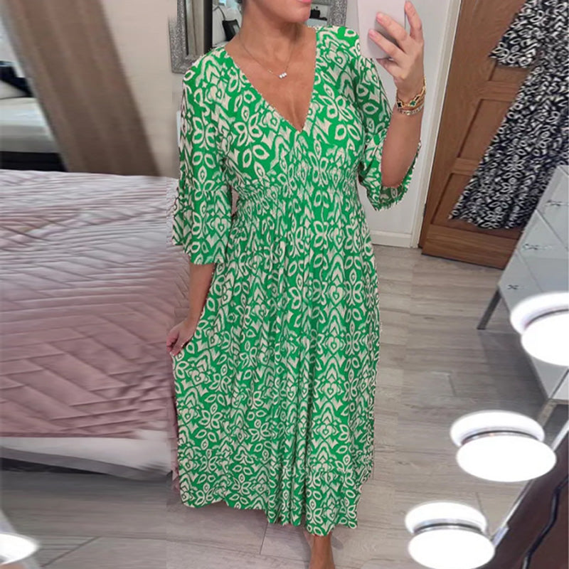 Gluschwein - Bedrucktes Kleid mit ausgestellten Ärmeln und V-Ausschnitt GRÜN