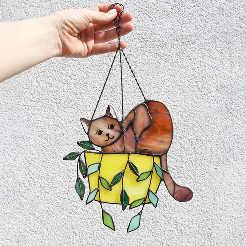Gluschwein - Katze im Blumentopf Suncatcher Buntglasfensterhänger