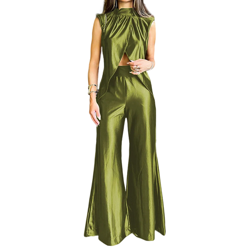 Gluschwein - Modisches Set aus Oberteil mit Schlitz und Hose in einfarbiger Ausführung Grün