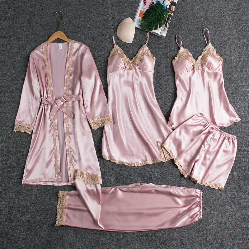 Gluschwein - Weicher, bequemer Pyjama aus Eisseide und Spitze Pink