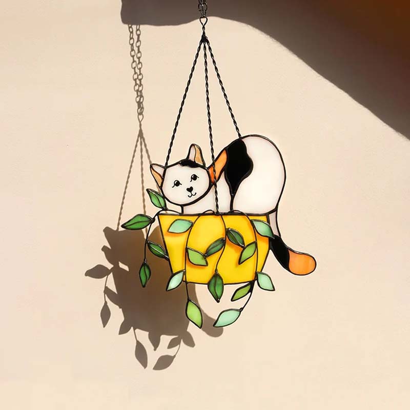 Gluschwein - Katze im Blumentopf Suncatcher Buntglasfensterhänger