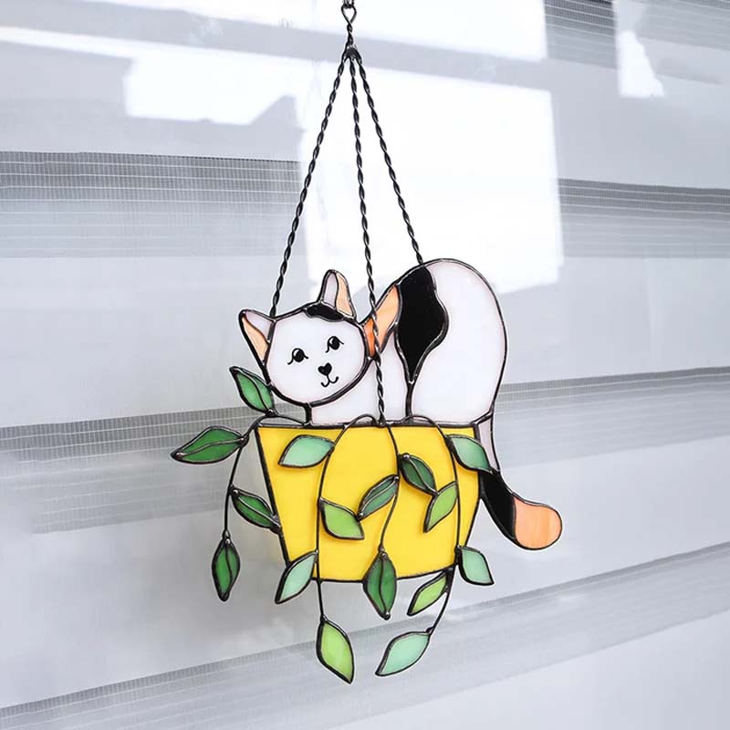 Gluschwein - Katze im Blumentopf Suncatcher Buntglasfensterhänger