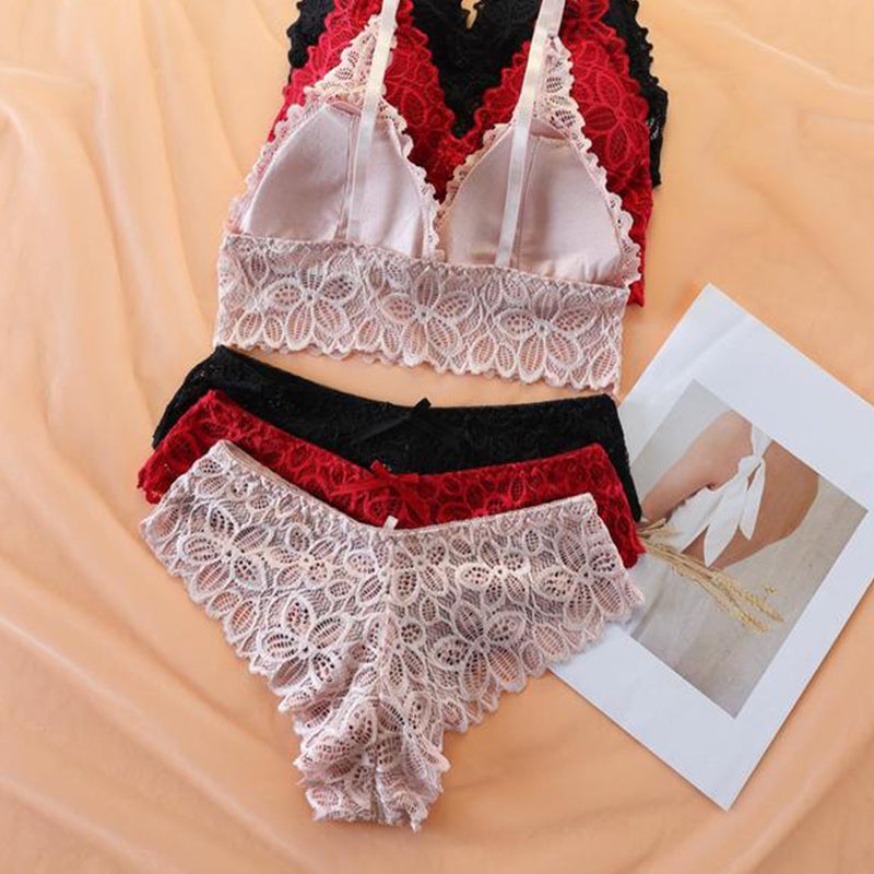 Gluschwein - Kabelloser BH aus kontrastierender Spitze und Panty mit Schleifenverzierung für Frauen