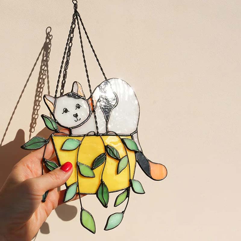 Gluschwein - Katze im Blumentopf Suncatcher Buntglasfensterhänger