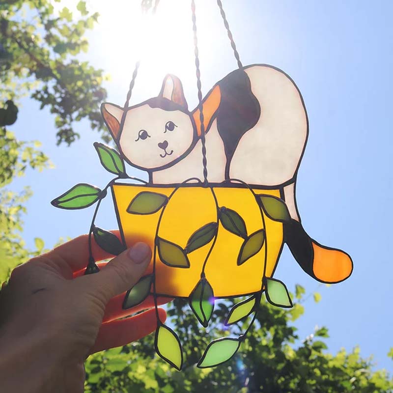 Gluschwein - Katze im Blumentopf Suncatcher Buntglasfensterhänger