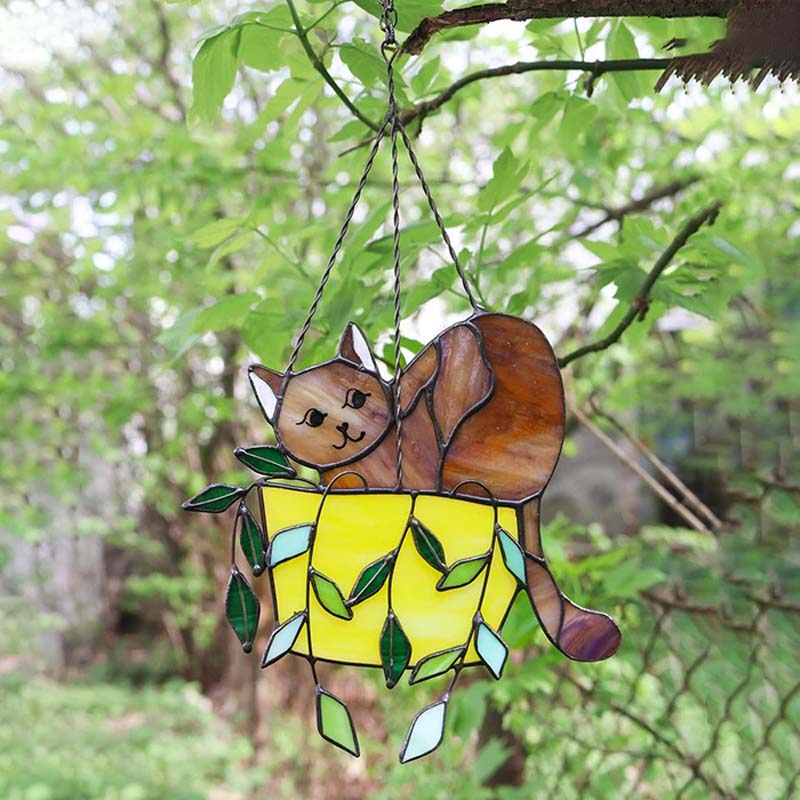 Gluschwein - Katze im Blumentopf Suncatcher Buntglasfensterhänger