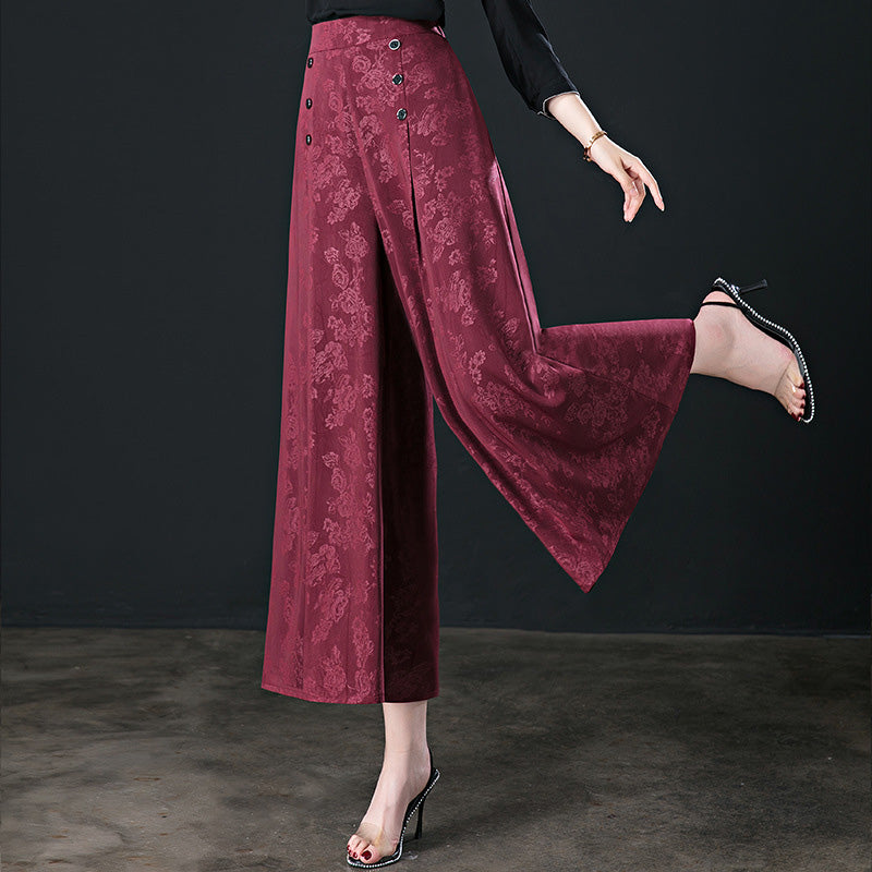 Gluschwein - Damenhose mit hohem Bund und weitem Bein und Blumenmuster Rot
