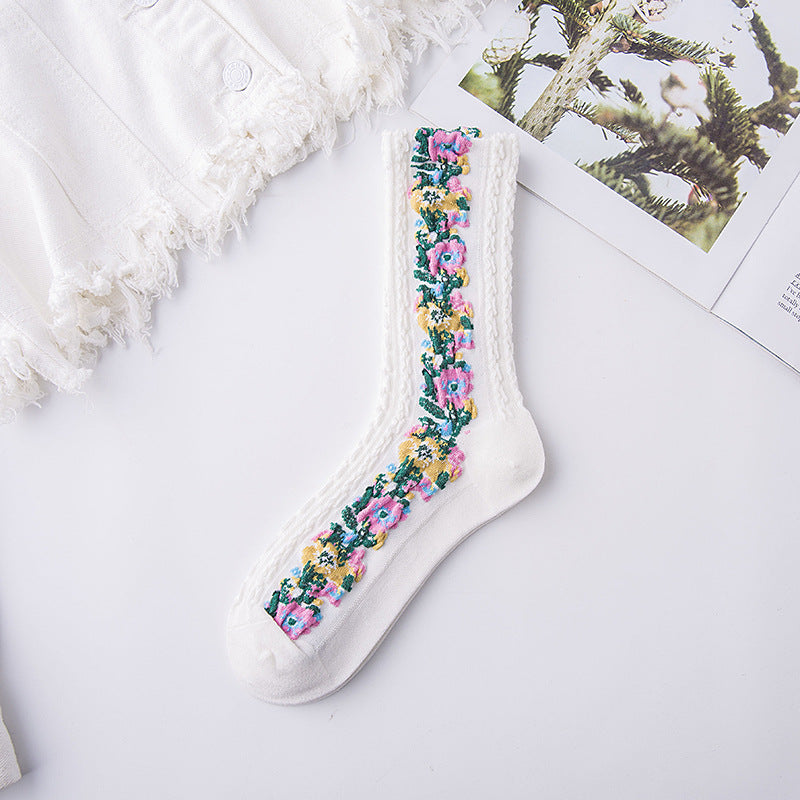 Gluschwein - Vintage Socken mit Blumenstickerei (5 Paar) 5 Paar(weiss)