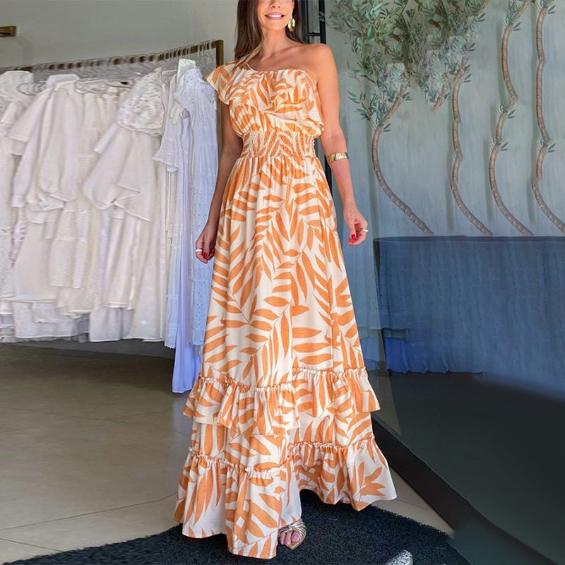 Gluschwein - Plant Smiles Bedrucktes schulterfreies Maxikleid mit elastischer Taille Orange