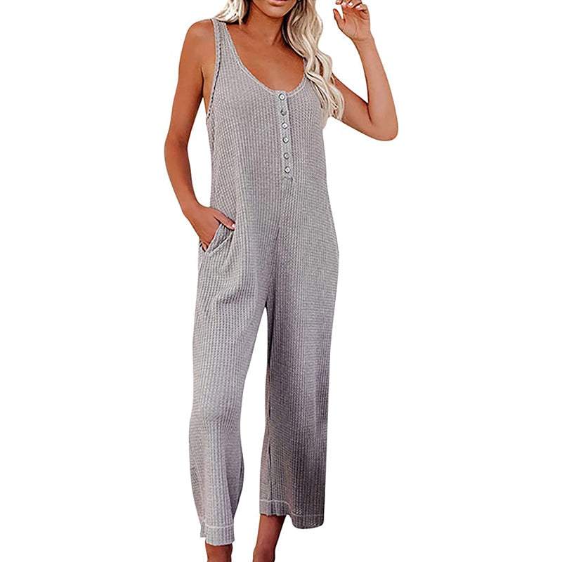 Gluschwein - Solide Farbe Knopf Jumpsuit Backpacking Hosen mit Taschen Grau