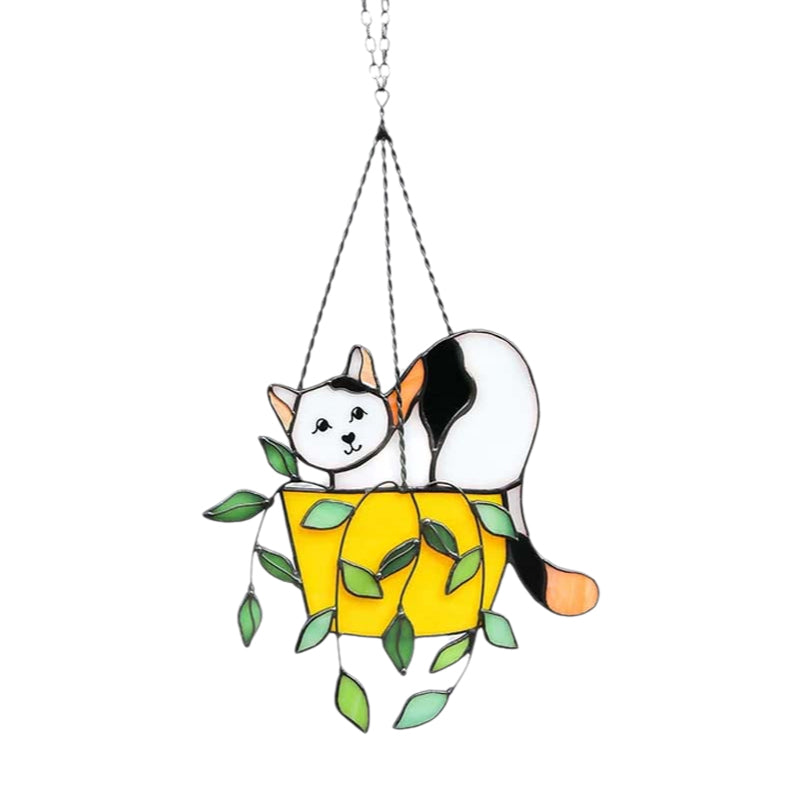 Gluschwein - Katze im Blumentopf Suncatcher Buntglasfensterhänger