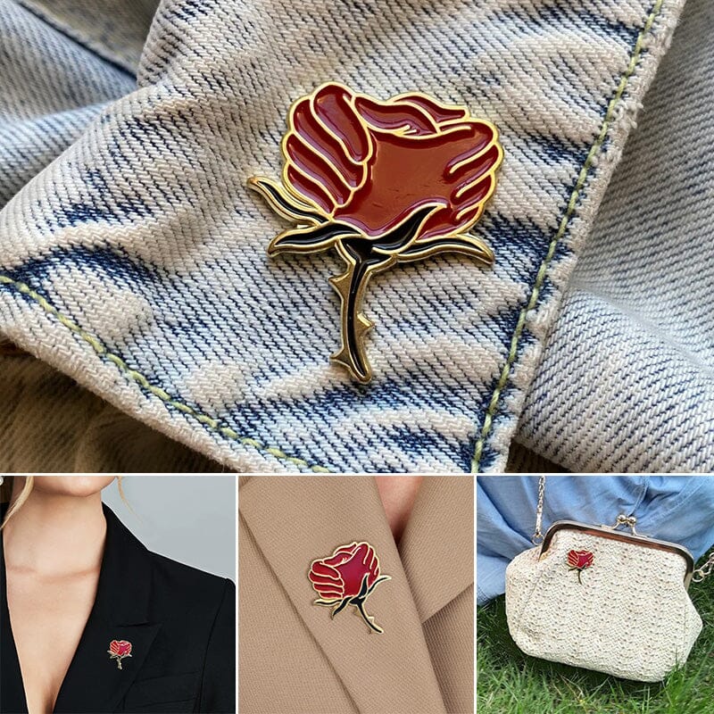 Gluschwein - Emaille- und Kristallbrosche mit roter Rose