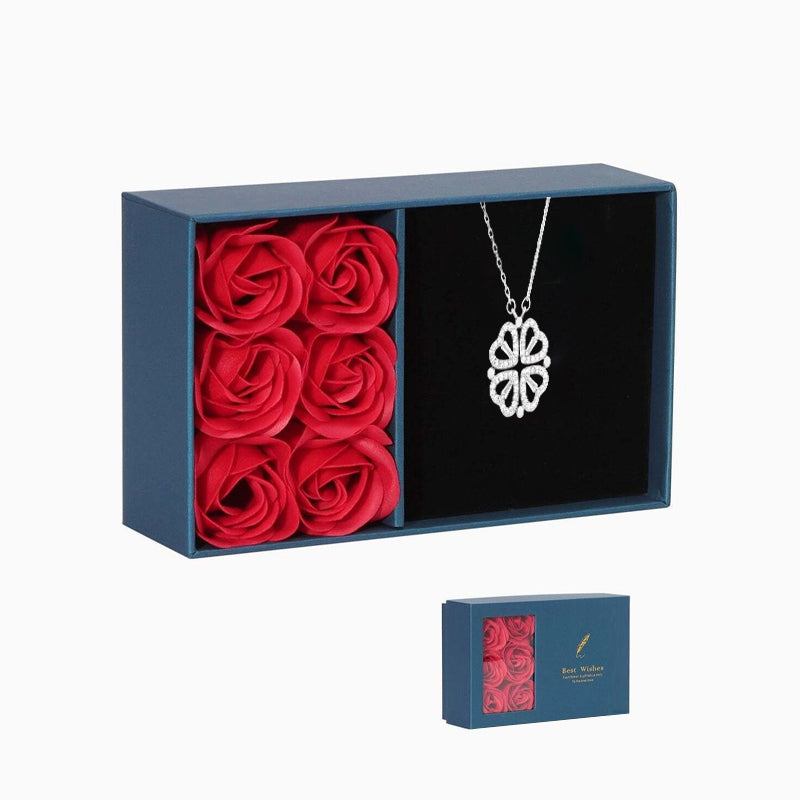 Gluschwein - Kreativ gefaltete vierblättrige Kleeblatt-Halskette Silber + Geschenkbox mit sechs Rosen