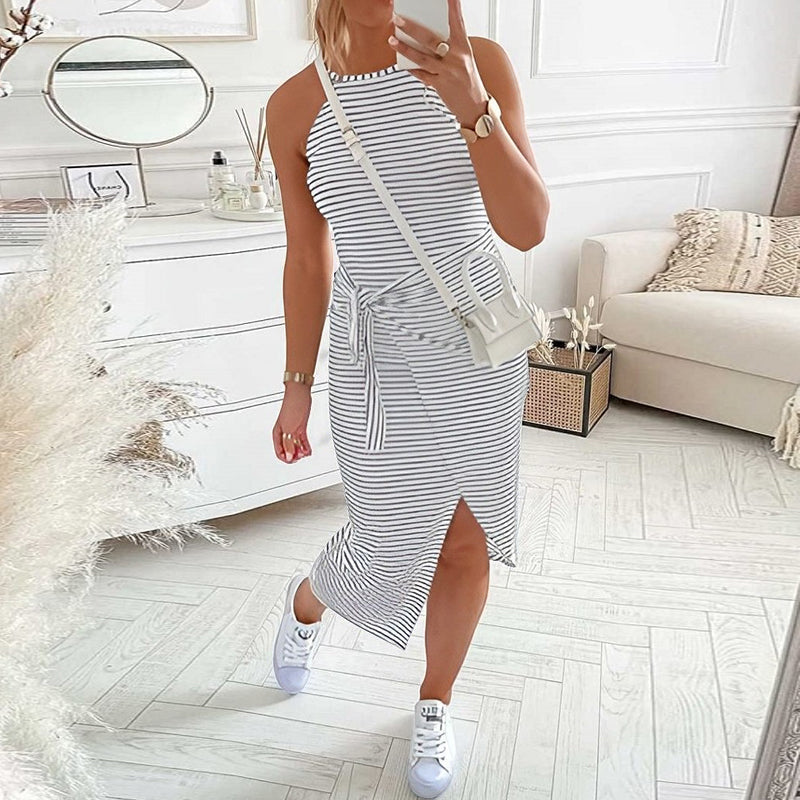Gluschwein - Sexy Gestreiftes Ärmelloses Damenkleid mit Schnürung grau