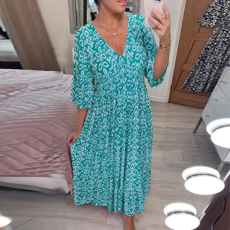 Gluschwein - Bedrucktes Kleid mit ausgestellten Ärmeln und V-Ausschnitt Blau