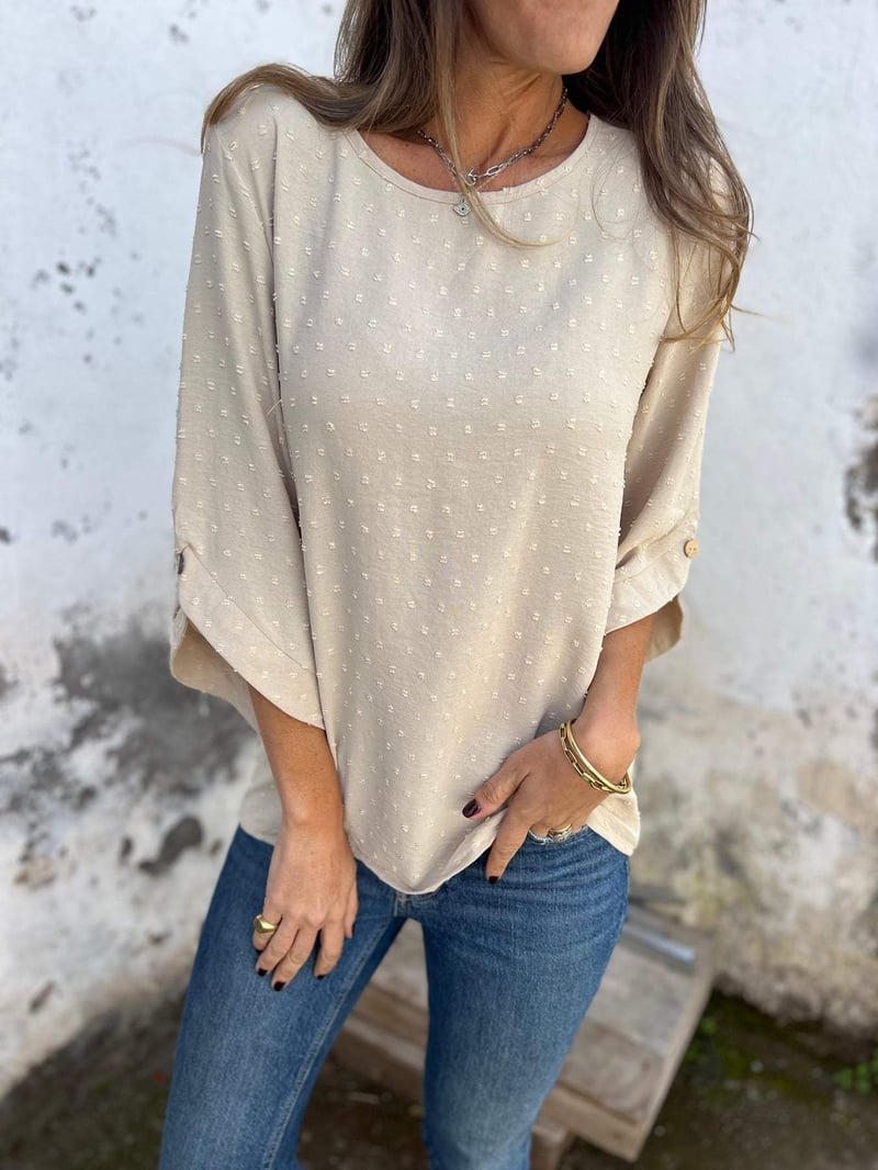 Lyutsiya - Camisa informal con cuello redondo y puños anchos bordados