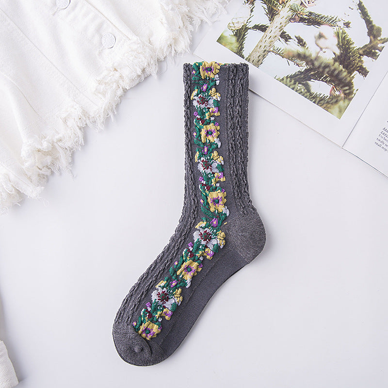 Gluschwein - Vintage Socken mit Blumenstickerei (5 Paar) 5 Paar(dunklegrau)