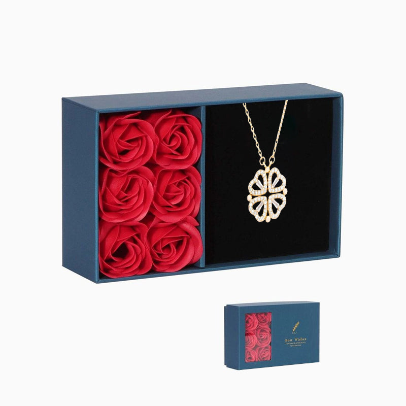 Gluschwein - Kreativ gefaltete vierblättrige Kleeblatt-Halskette Gold + Geschenkbox mit sechs Rosen