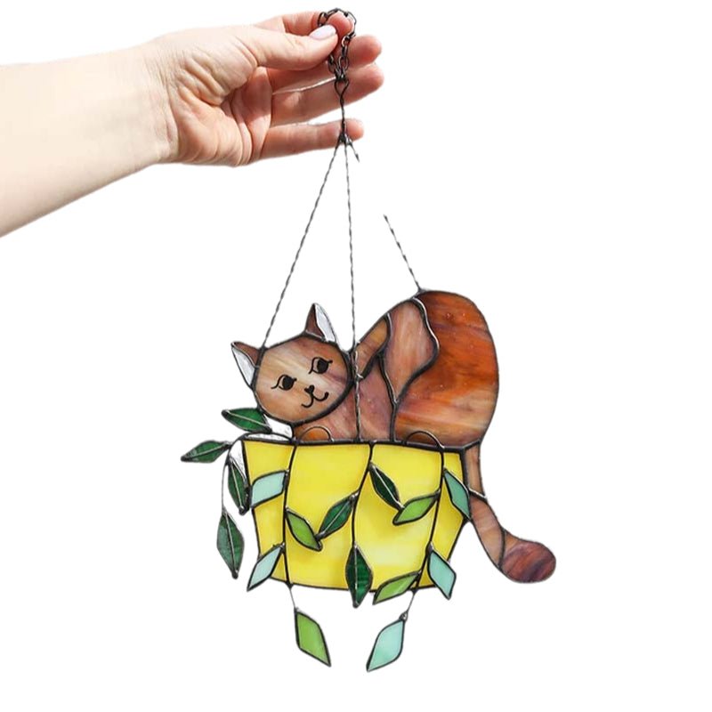 Gluschwein - Katze im Blumentopf Suncatcher Buntglasfensterhänger