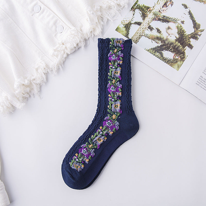 Gluschwein - Vintage Socken mit Blumenstickerei (5 Paar) 5 Paar(dunkelblau)
