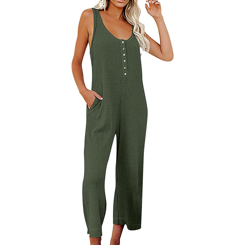 Gluschwein - Solide Farbe Knopf Jumpsuit Backpacking Hosen mit Taschen Grün
