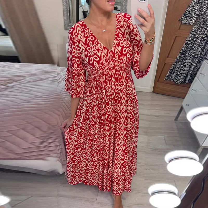 Gluschwein - Bedrucktes Kleid mit ausgestellten Ärmeln und V-Ausschnitt Rot
