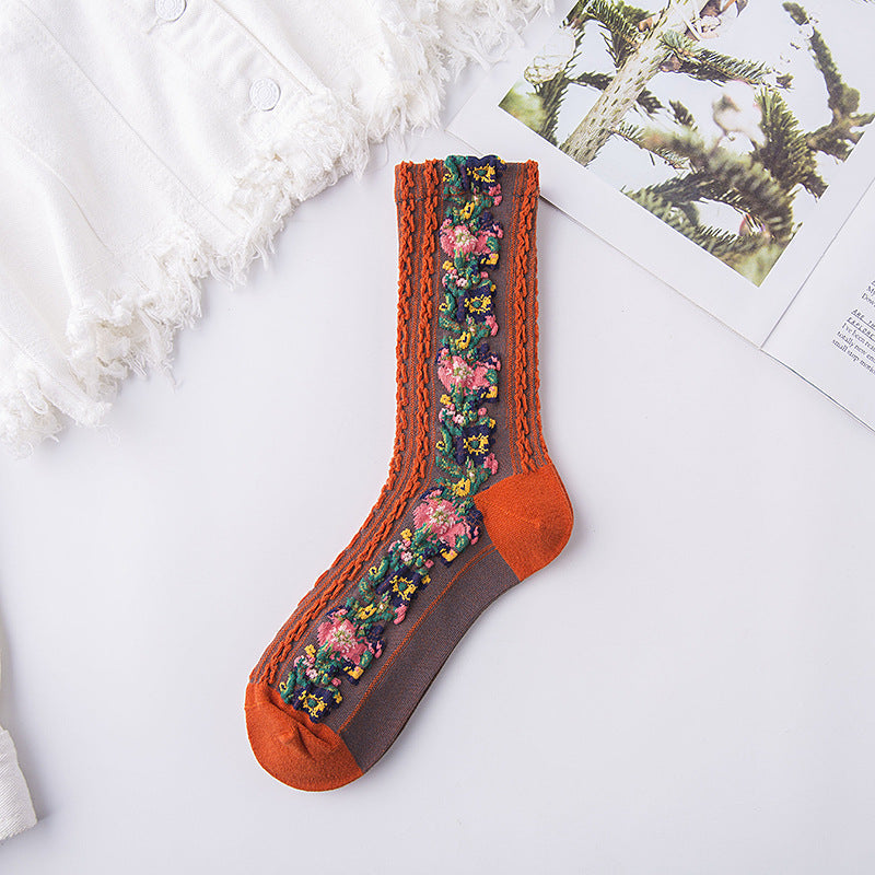 Gluschwein - Vintage Socken mit Blumenstickerei (5 Paar) 5 Paar(orange)