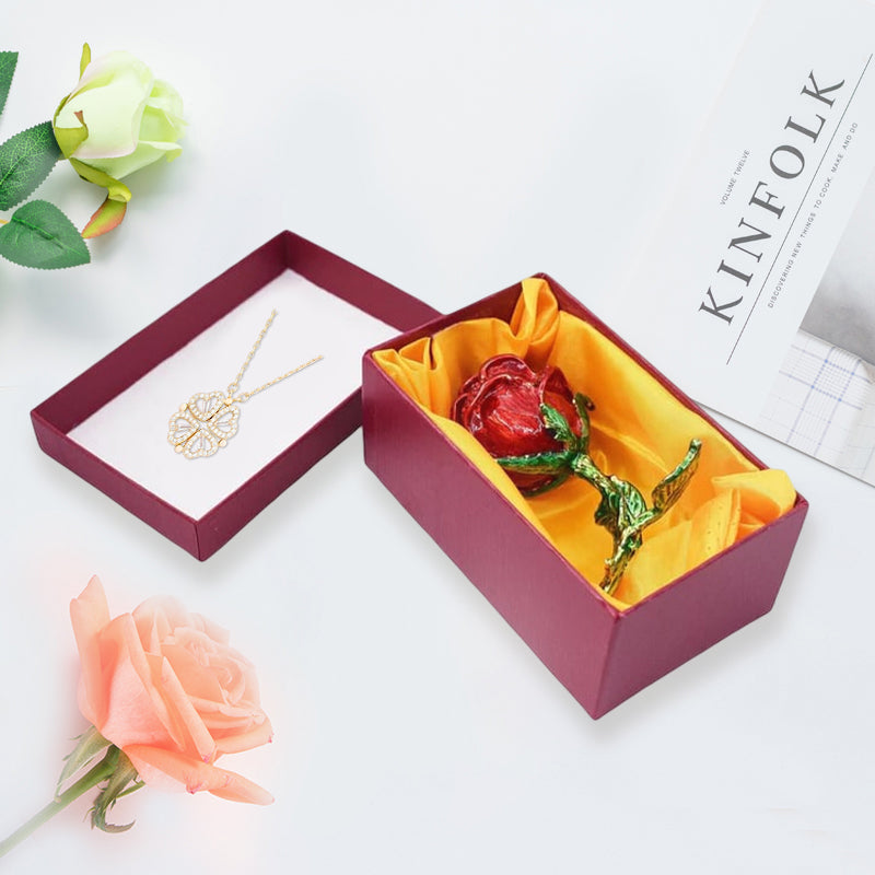Gluschwein - Kreativ gefaltete vierblättrige Kleeblatt-Halskette Gold + Geschenkbox mit Diamantrose
