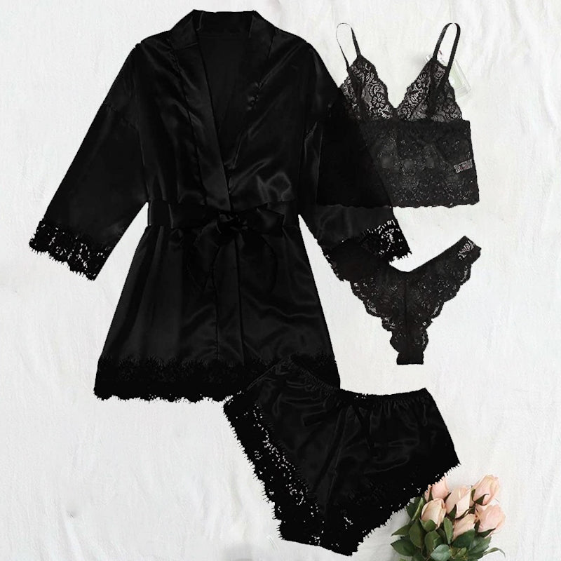 Gluschwein - Damen Schlafanzug 4-teiliges Set schwarz